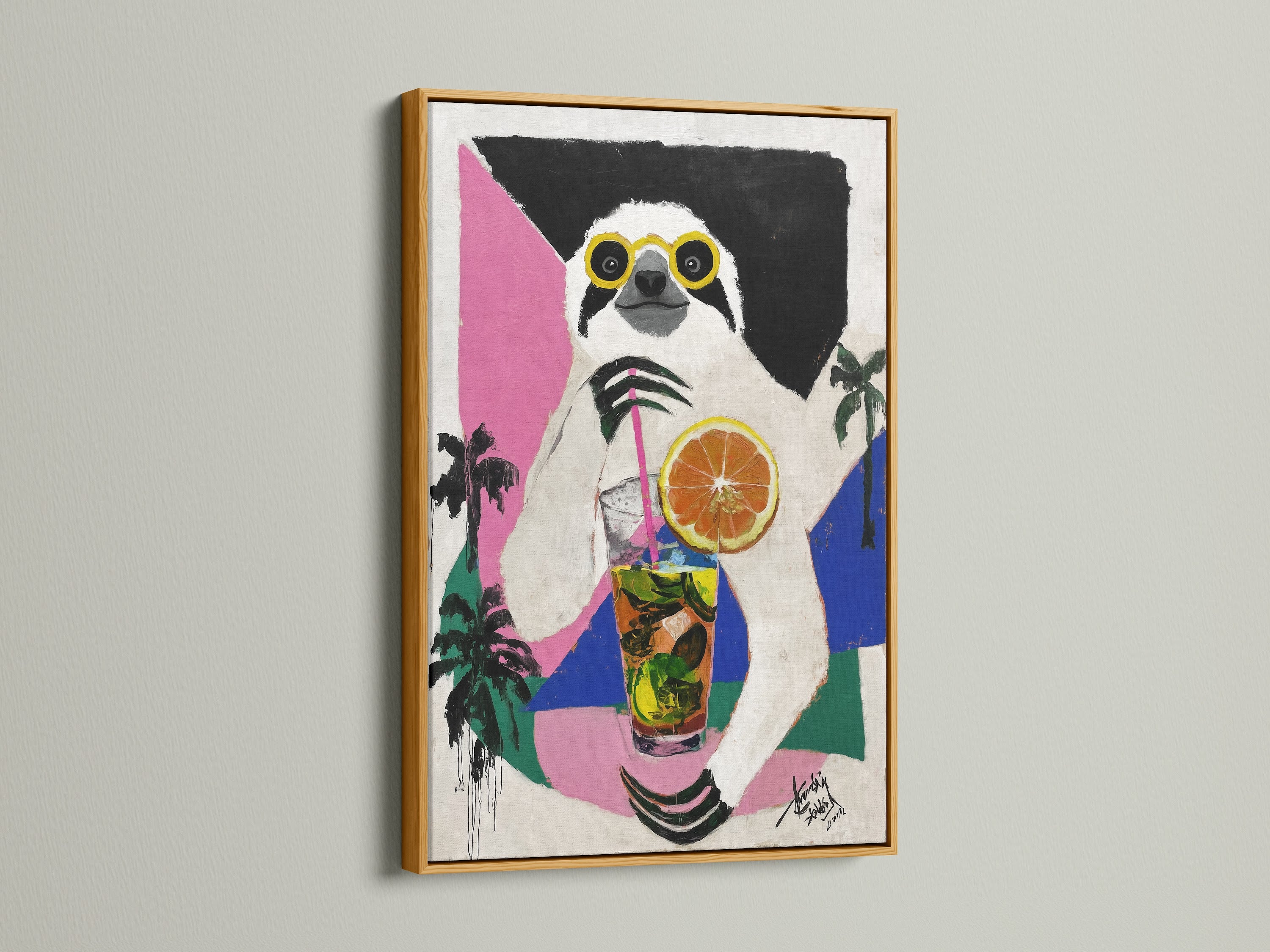 Sloth Cocktail artwork in a gold frame. This tropical animal art exudes luxury and fun. The gold frame enhances the artwork's vibrant colors. This artwork is perfect for adding a touch of glam to your decor.