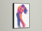 Passionate Embrace artwork presented in a black frame. The black frame creates a striking contrast. This modern art print is perfect for contemporary homes. The couple kissing is beautifully highlighted in this love theme art.