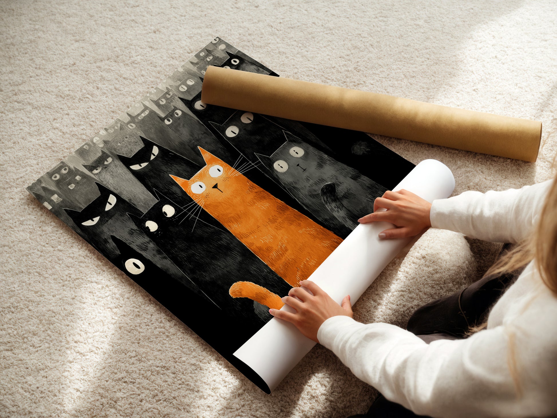 A woman is carefully rolling a fine art poster paper. She is preserving its quality for framing or display. High-quality paper ensures vibrant colors and lasting beauty. Explore our fine art poster selection today. Find the perfect piece