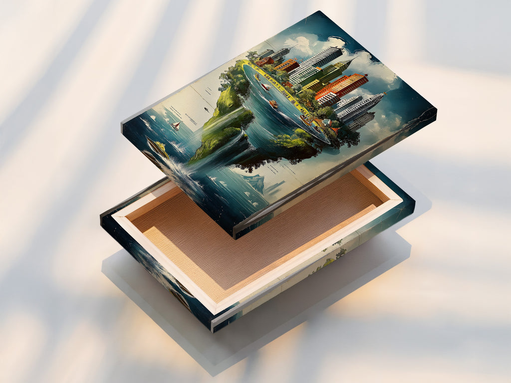 A stretched canvas print displaying a cityscape island artwork. The fantasy print features a whimsical floating metropolis. The stretched canvas provides a gallery-ready look. This unique wall art adds a touch of urban sophistication to any space. It is perfect for modern homes and offices seeking conversation starters.