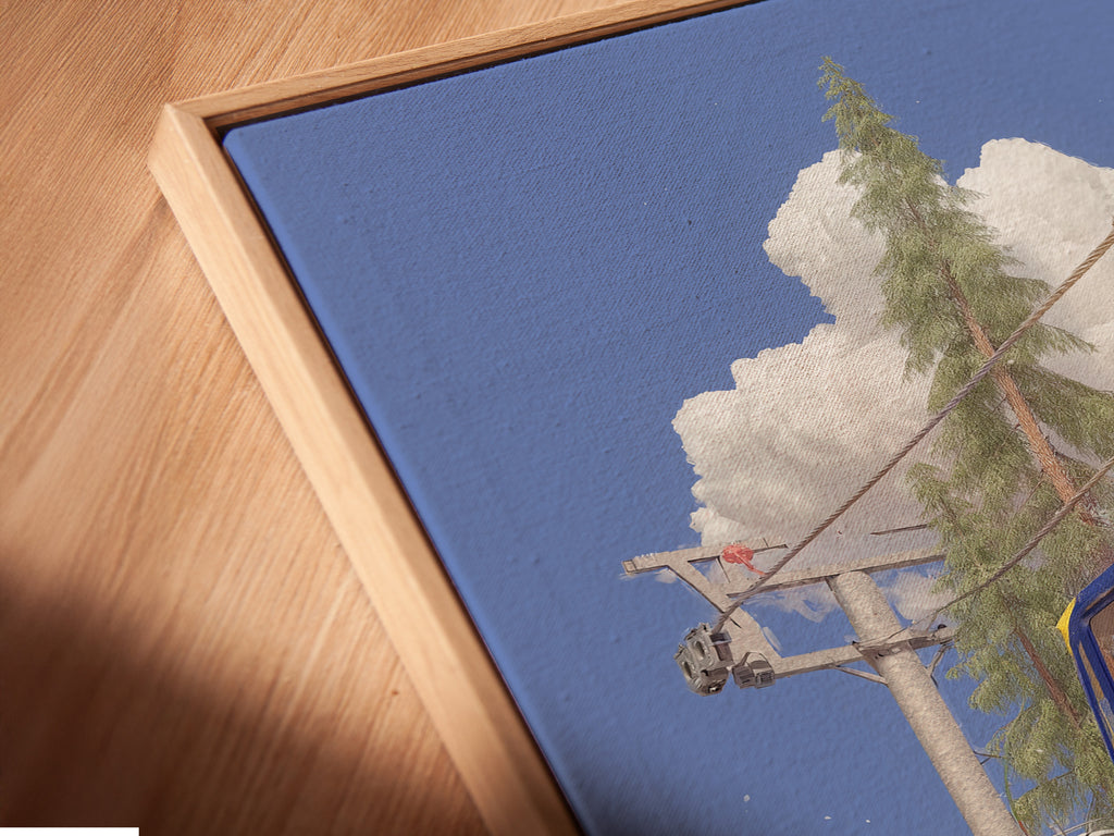 This is a close-up angled view of a canvas print in a floating frame. The Ski Lift Adventure artwork brings alpine charm to any room. Perfect for adding a touch of winter sports art. Elevate your decor with this whimsical skiing print