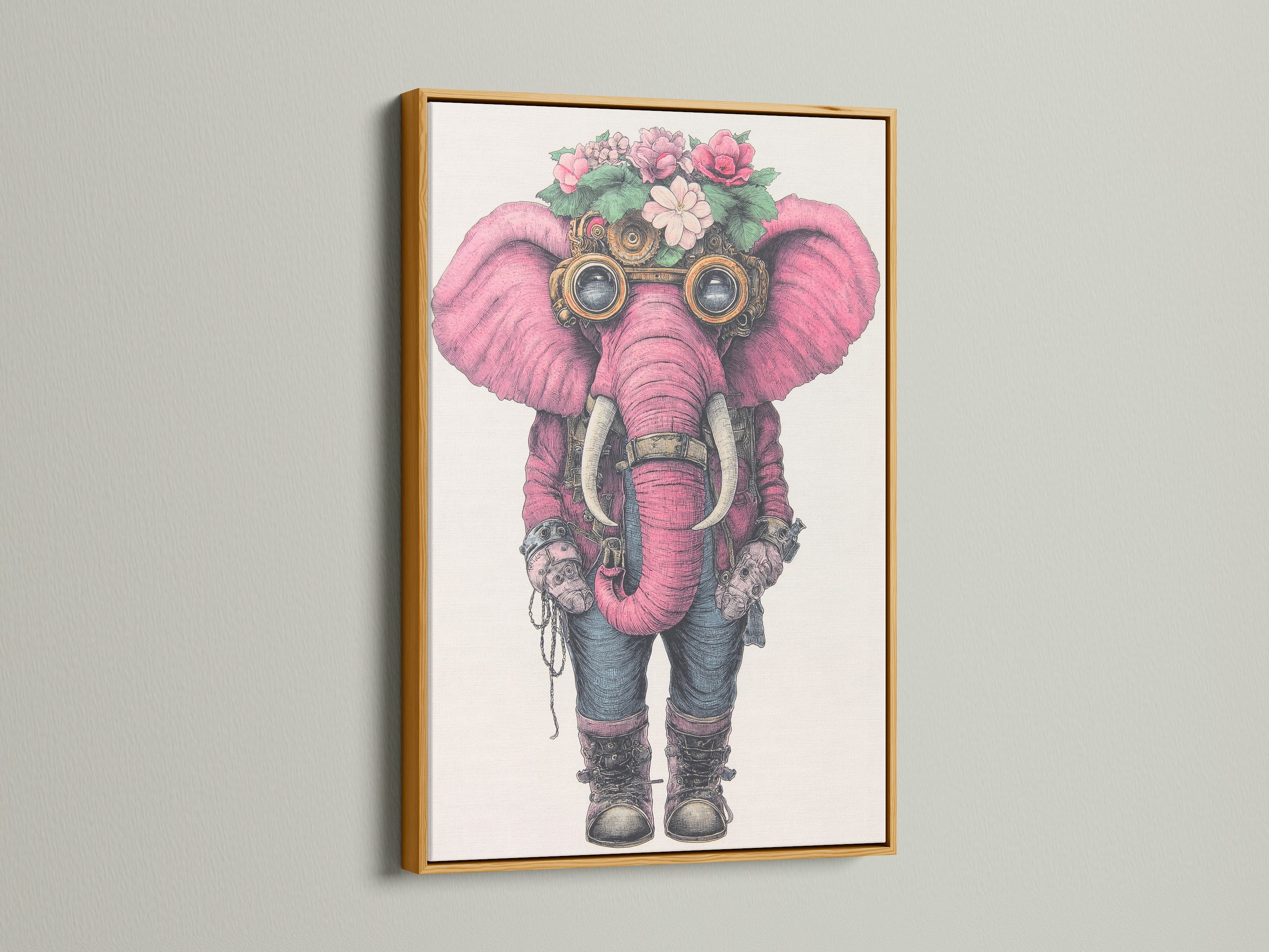 A gold frame accentuates a steampunk elephant artwork. The artwork features a pink elephant with floral elements and steampunk goggles. This quirky wall art brings a touch of vintage fantasy to any interior space.