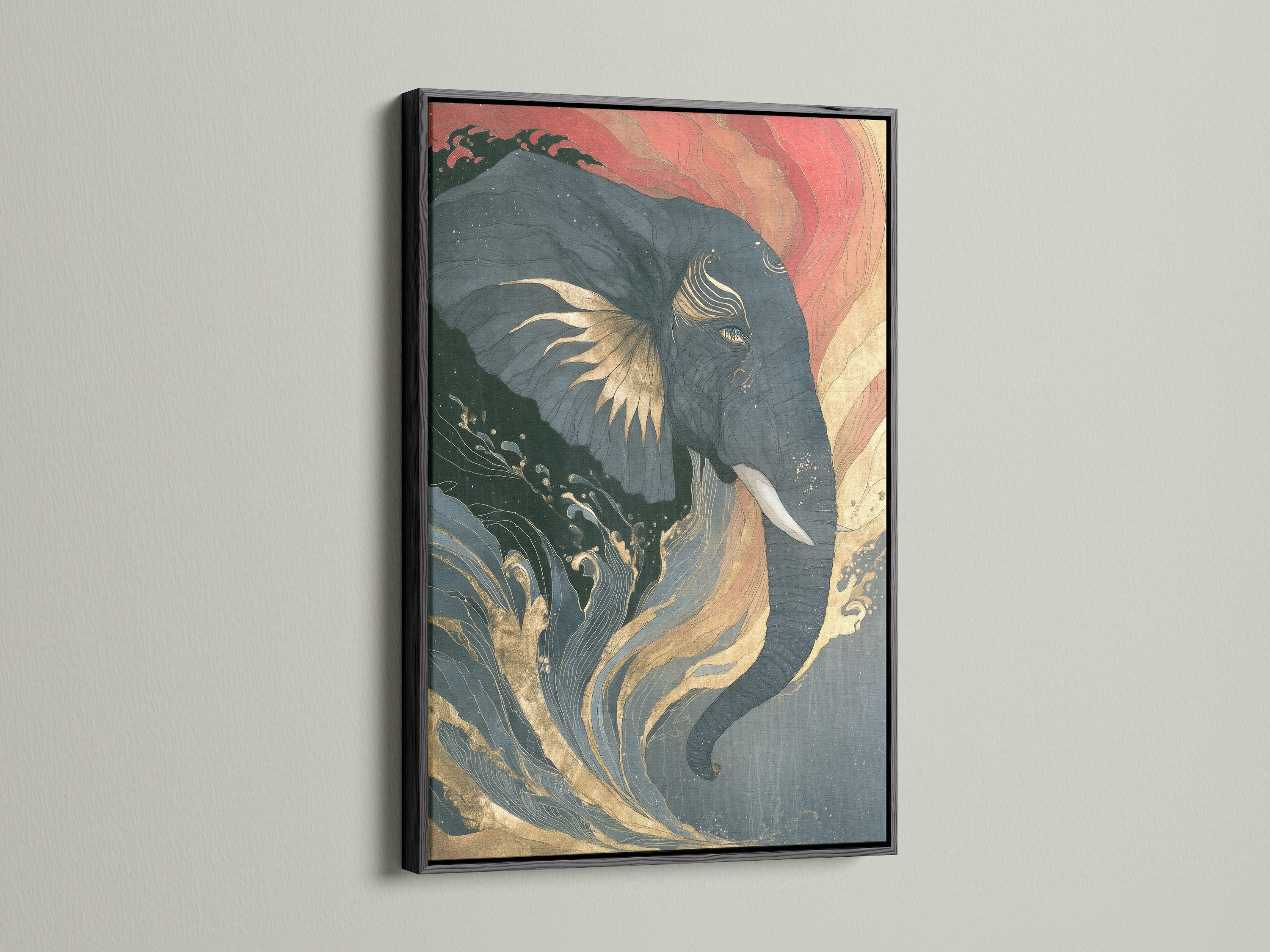 Elephant canvas print with Japanese wave art in a black frame. The animal wildlife poster adds coral pink and teal to your wall decor. This artwork is a modern Asian-inspired art for your home.