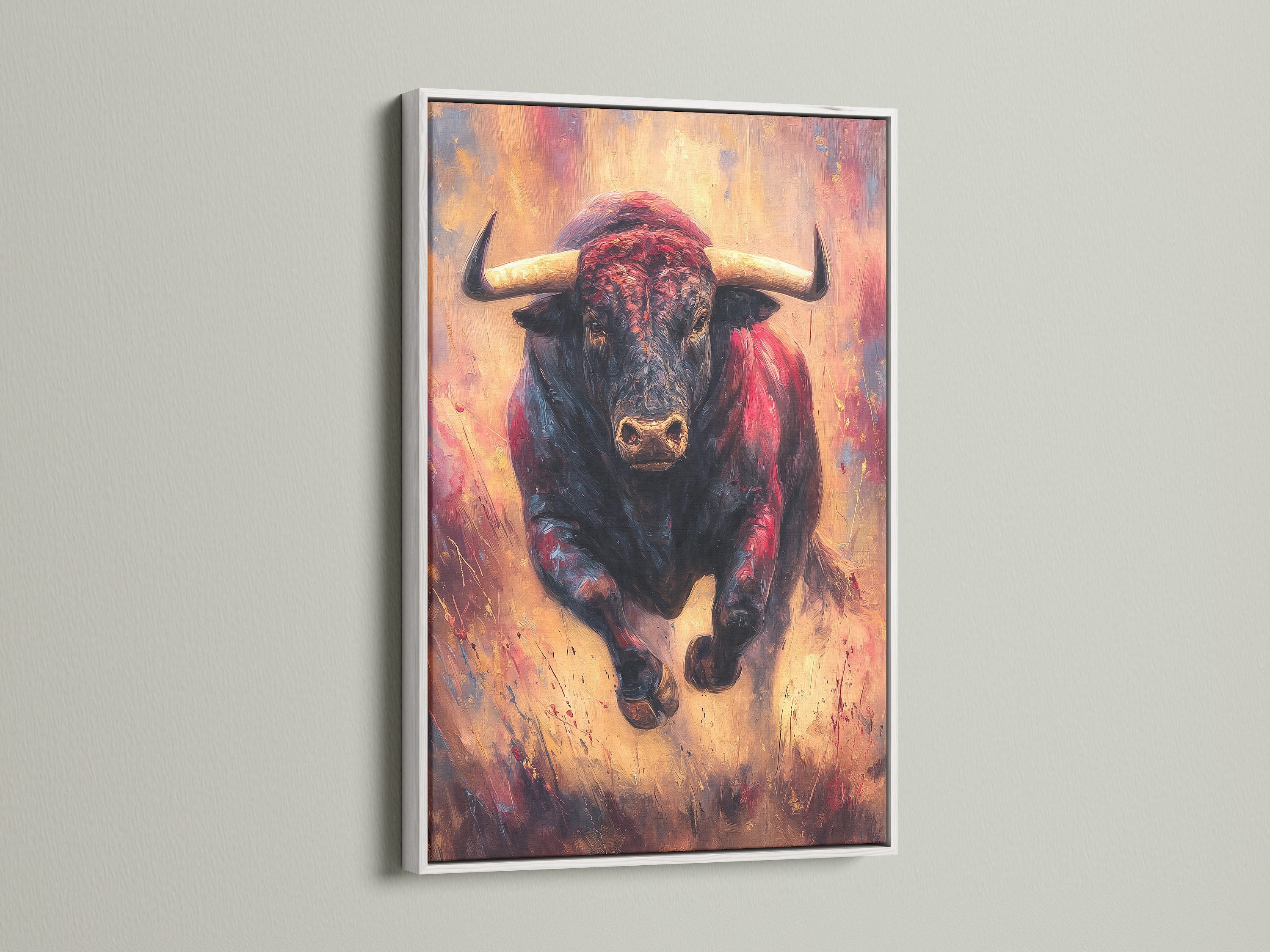 Artwork of a Bull in a white frame. The bright white color adds a clean look. The artwork stands out against the white backdrop. Our white frames offer a modern touch to any artwork. A timeless choice for your home.