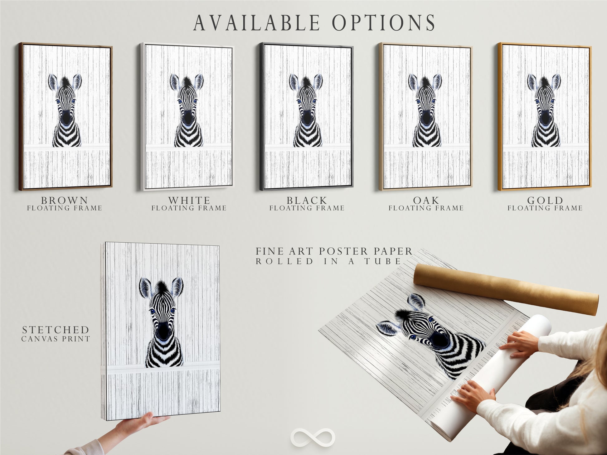 Available options for the Baby Zebra artwork. Choose from a stretched canvas print or fine art poster paper. Or opt for a stylish floating frame. Perfect for minimalist nursery wall art and contemporary kids room decor.