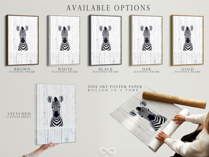 Available options for the Baby Zebra artwork. Choose from a stretched canvas print or fine art poster paper. Or opt for a stylish floating frame. Perfect for minimalist nursery wall art and contemporary kids room decor.