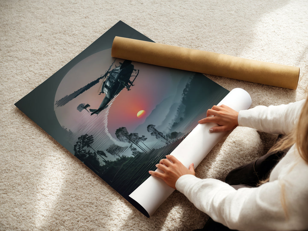 A woman carefully rolling a fine art poster paper print of Vietnam War Era Wall Art. The sunset aviation artwork features a helicopter. Ideal for preserving this military aircraft print.
