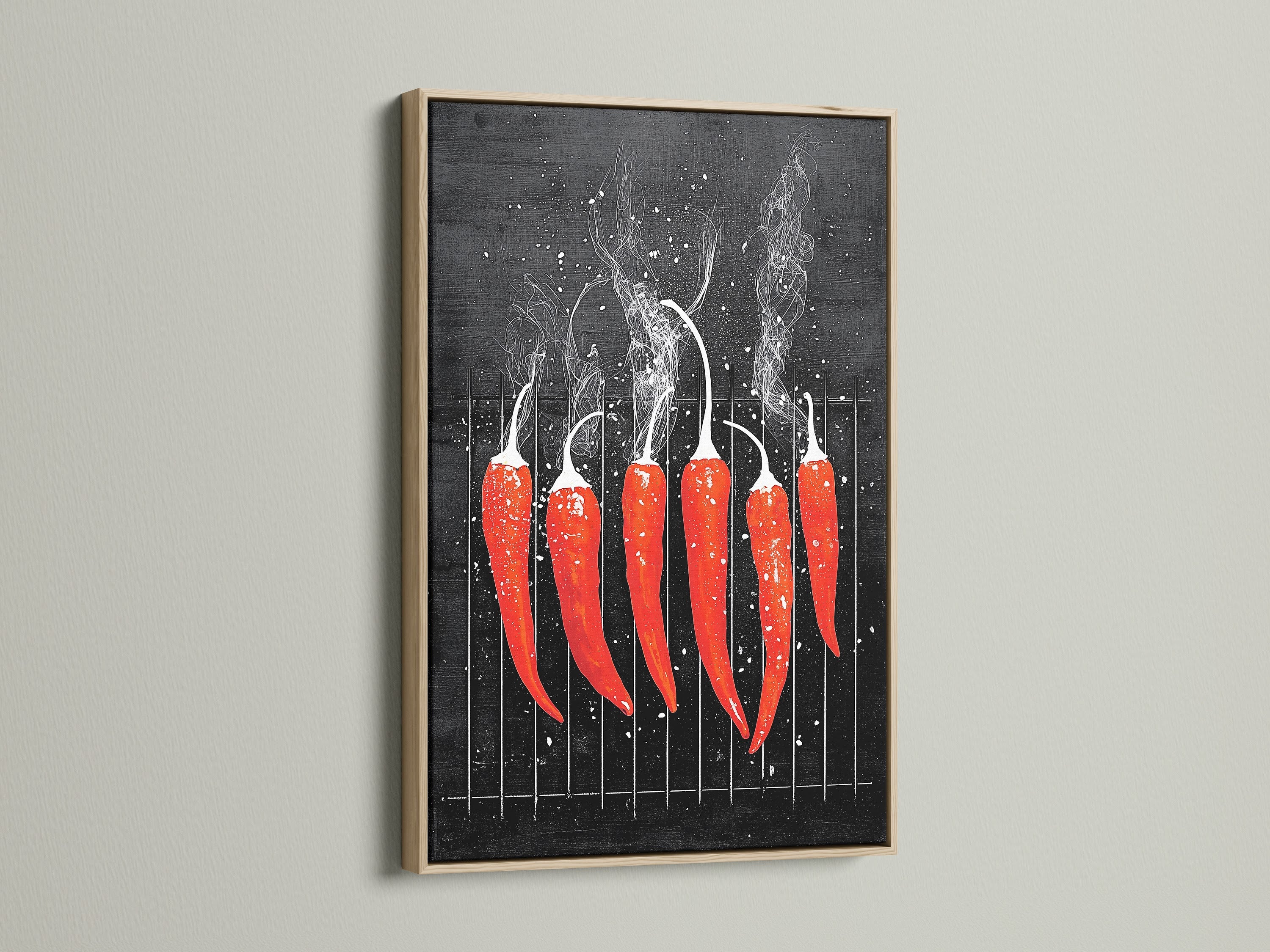 A close-up showcases red hot chili pepper artwork. It is framed in oak. The art is displayed on a clean white wall. This spicy food print adds a culinary touch to kitchens and bistros. Ideal for food lovers seeking modern kitchen wall decor.