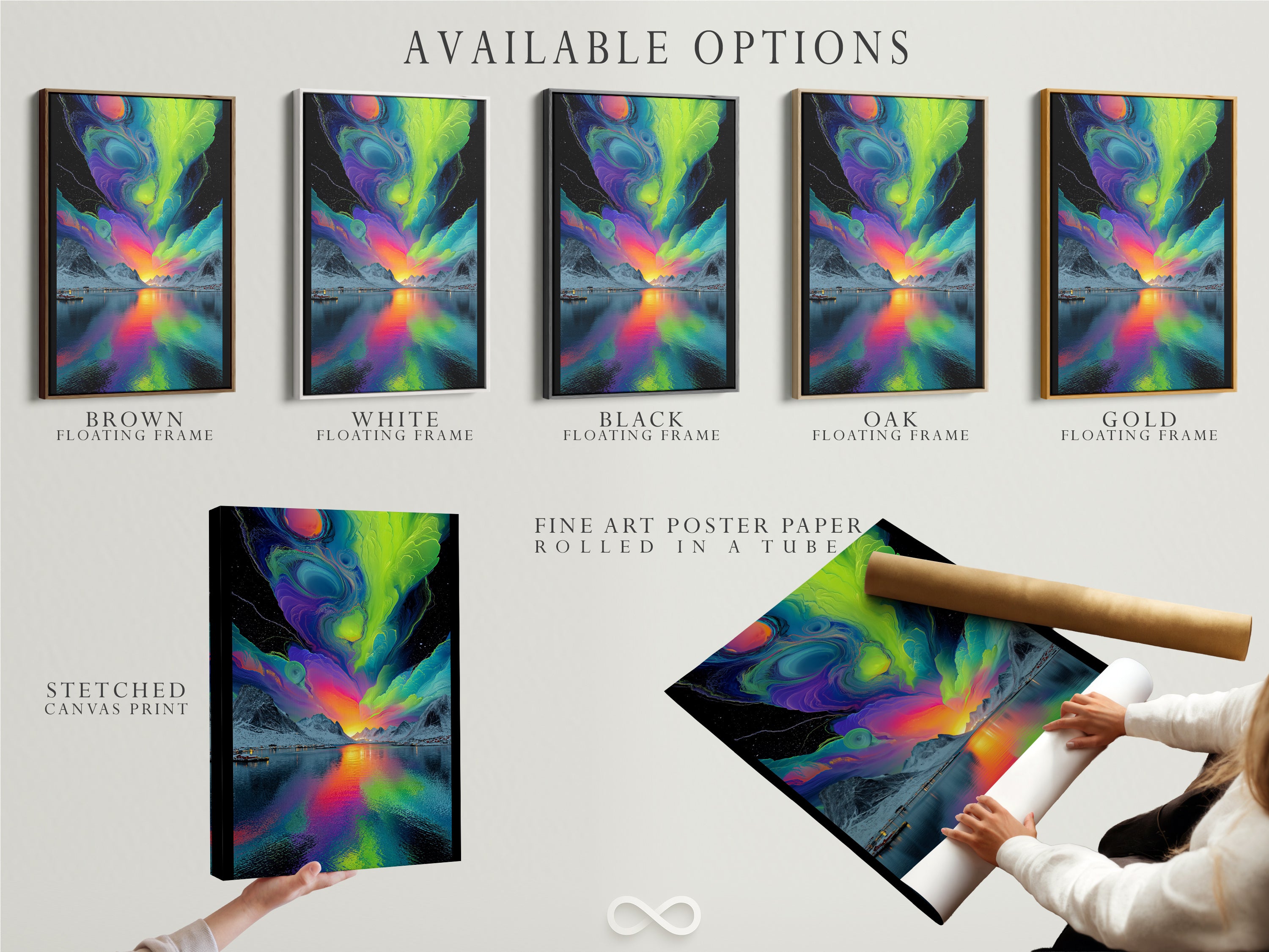 Available options include stretched canvas fine art poster paper and floating frame. Customize your aurora borealis artwork to fit your style. Choose the perfect medium for your Northern Lights landscape art. Personalize your wall art today.