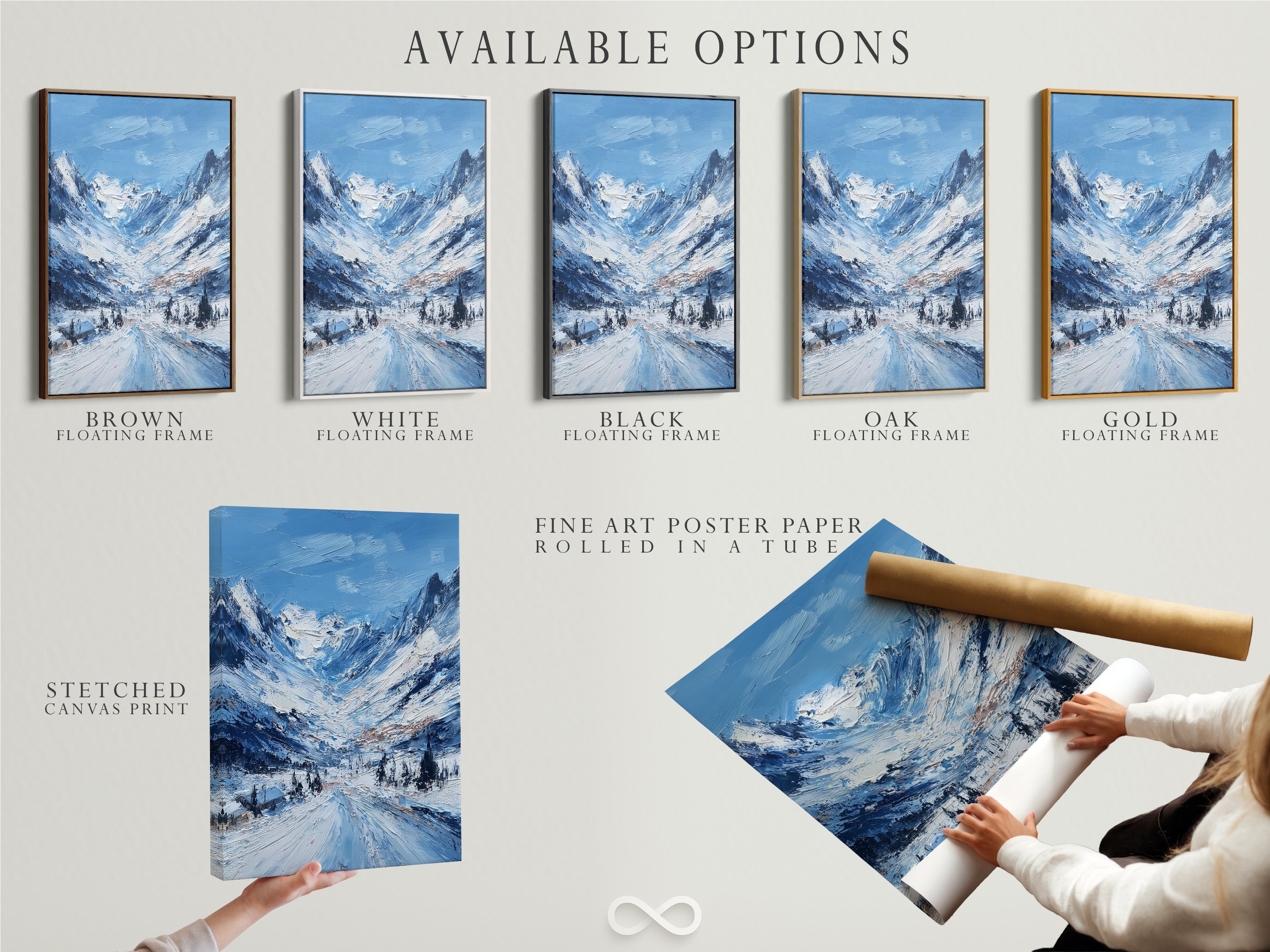 Explore our available options. Choose from stretched canvas prints. Consider fine art poster paper. Discover the elegance of floating frames. Customize your artwork to suit your style. Find the perfect presentation for your art. Experience the flexibility of our options.