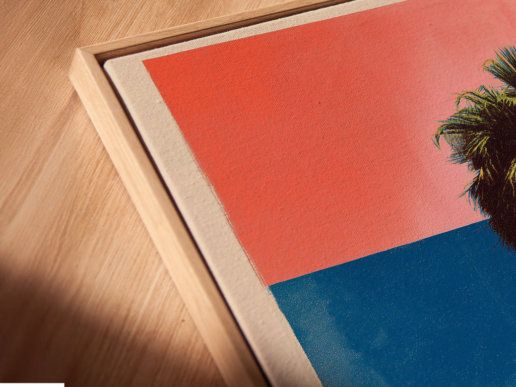 Angled close-up of a canvas print in a floating frame. A modern and minimalist frame. It gives the illusion of floating artwork. This frame style adds depth and dimension. Perfect for contemporary interiors. Discover the beauty of framed artwork.