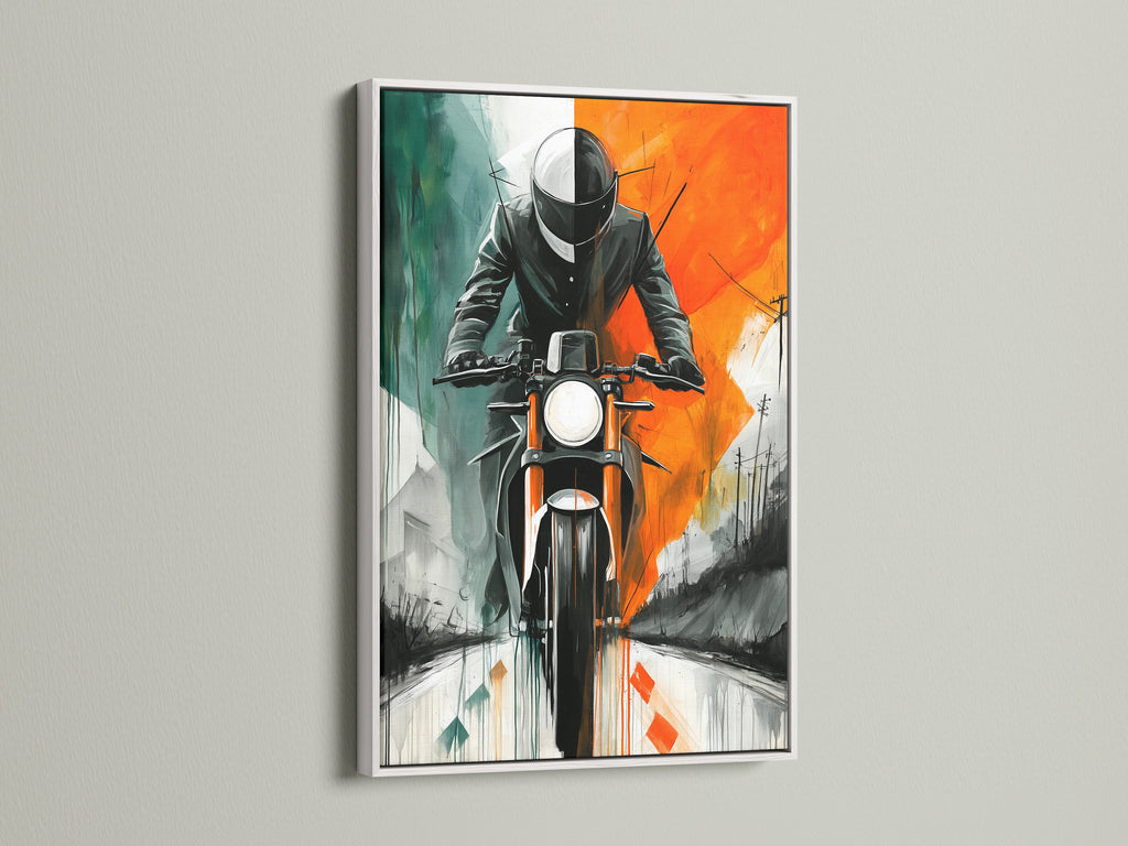 Retro Canvas Print with White Frame. A striking motorcycle art print is presented in a clean white frame. The vintage biker artwork brings a retro vibe to your home or office. This piece is perfect for those seeking impactful wall art.