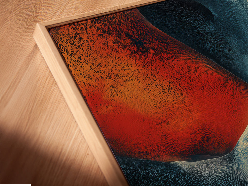A close-up shot of a canvas print in a floating frame. The artwork has abstract shapes in red white and blue. The floating frame gives the artwork a modern look. This canvas print is perfect for adding depth to your walls. Shop now for floating frame canvas prints.
