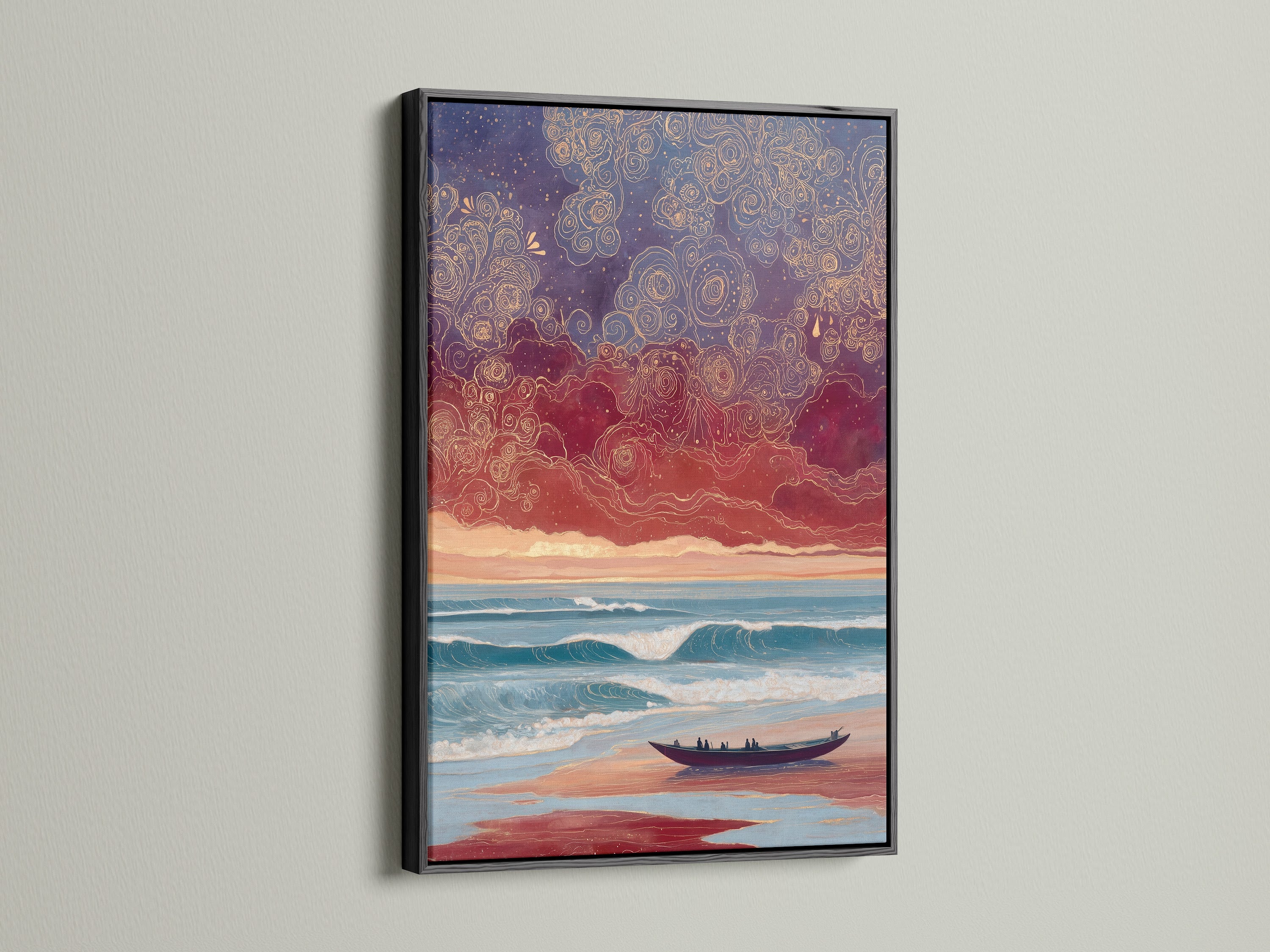 This artwork is a dreamy seascape canvas print in a sleek black frame. The sunset beach wall art adds a touch of elegance. This piece complements any decor. Ideal for creating a calming touch in your living room or bedroom. The black frame provides a modern look.