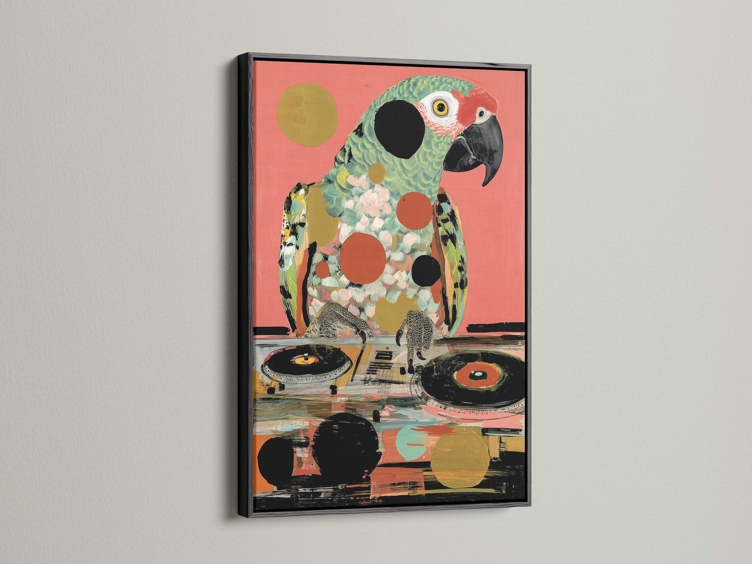 The Parrot DJ art print is displayed in a black frame. This striking contrast enhances the retro music art. The black frame adds a touch of sophistication to this bird canvas print. Elevate your music room decor with this dj wall art.