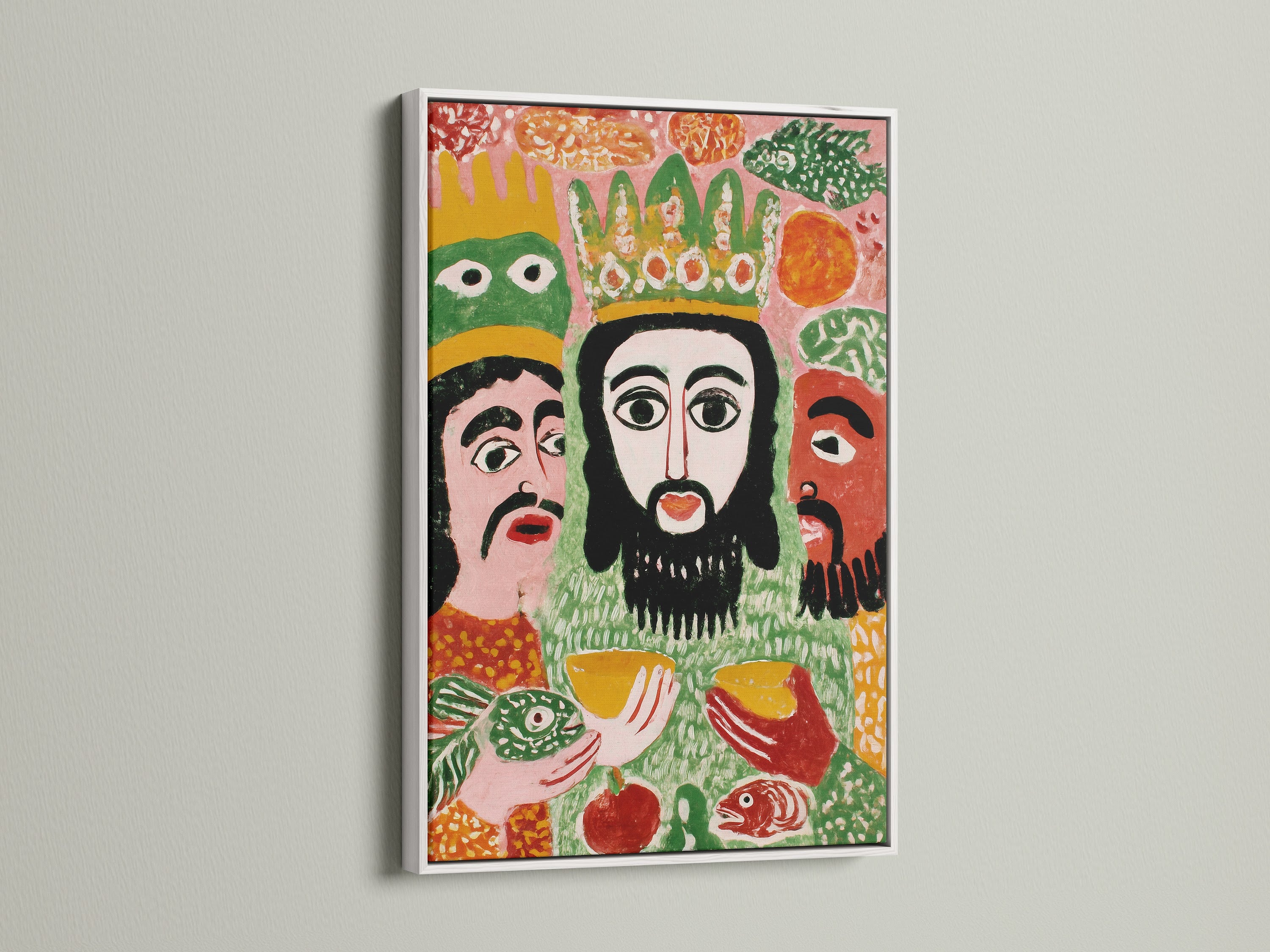 A vibrant Biblical Folk Art Print of the Three Wise Men in a white frame. This christian home decor brings colorful religious artwork to your walls. Its folk art canvas suits rustic primitive and eclectic styles. Enhance your dining room or church with this unique piece.