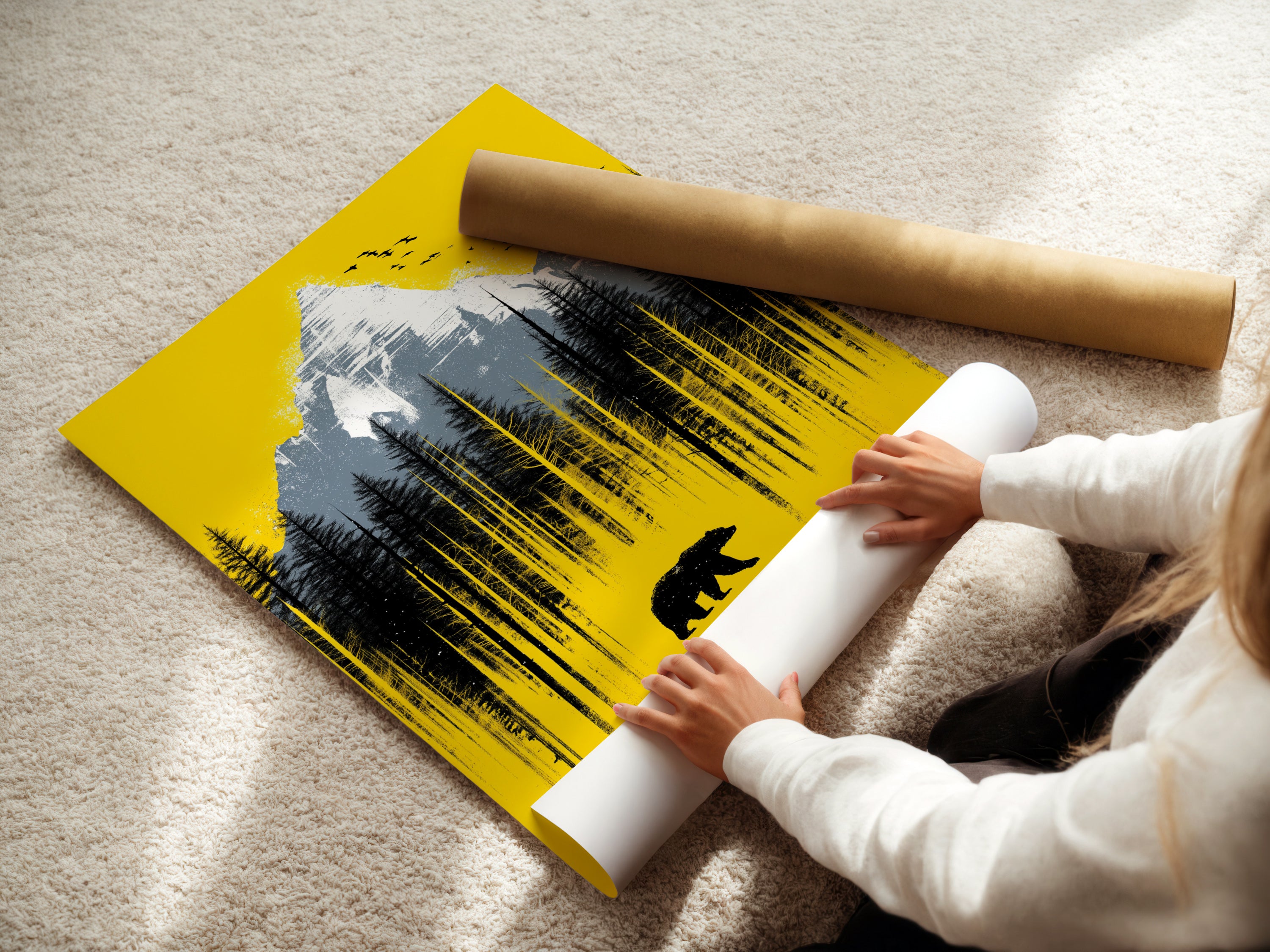 A woman carefully rolling a fine art poster paper of the Mountain Bear artwork. High-quality printing ensures vibrant colors. The yellow landscape wall art is ready to frame. Perfect for nature enthusiasts and collectors.