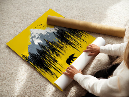 A woman carefully rolling a fine art poster paper of the Mountain Bear artwork. High-quality printing ensures vibrant colors. The yellow landscape wall art is ready to frame. Perfect for nature enthusiasts and collectors.