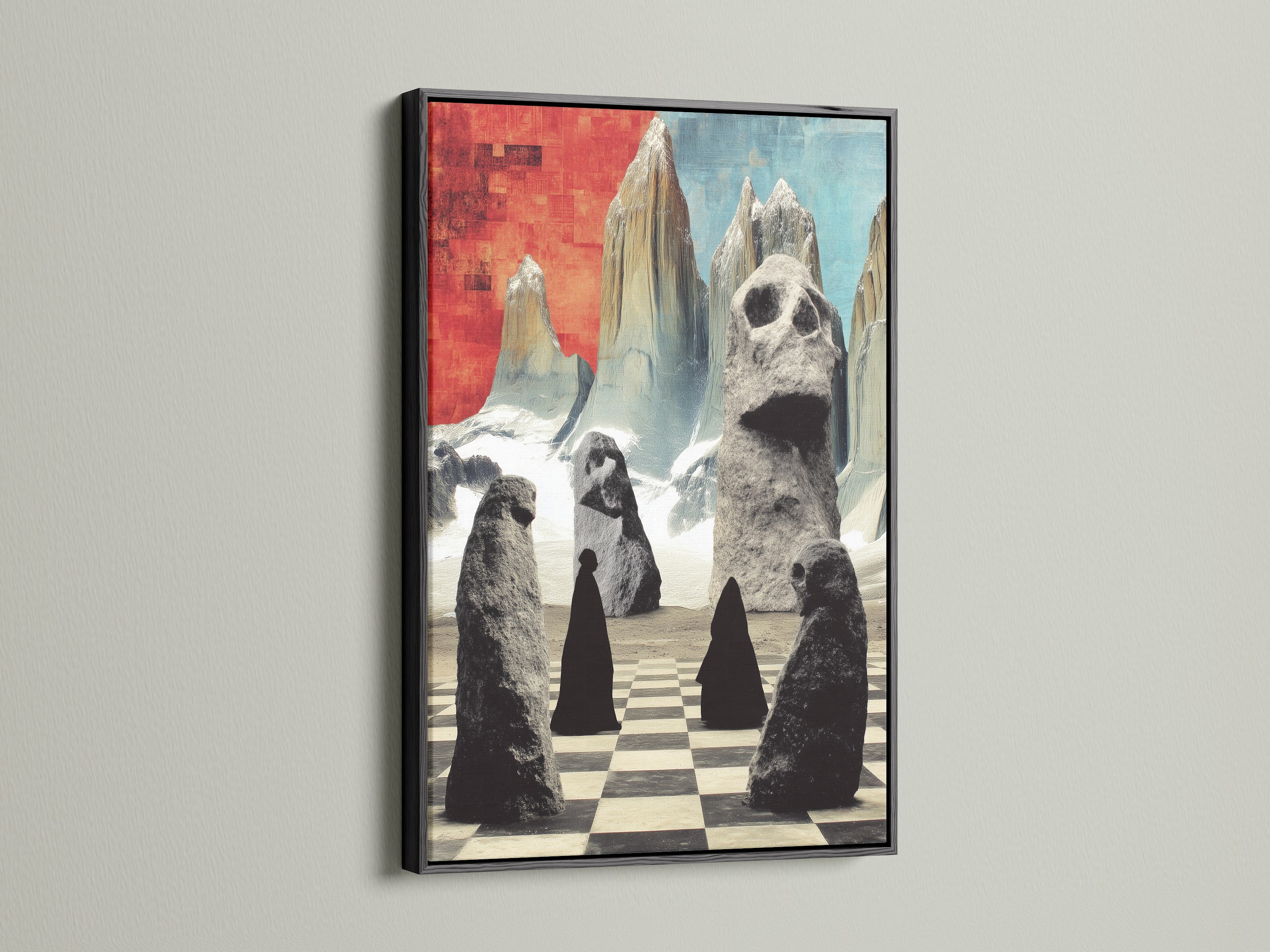 This striking stone figures art is presented in a black frame. The abstract landscape canvas offers a bold statement. The modern art print features a checkerboard design. Add sophistication to your living room wall art.