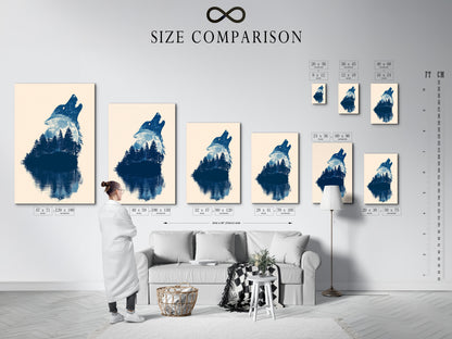 A size comparison chart is displayed in an interior setting. This chart helps visualize artwork dimensions. It aids in selecting the perfect size for your space. See how different sizes transform a room. It makes choosing art easier. It ensures the artwork fits seamlessly into your decor. Use our chart to find the ideal piece.