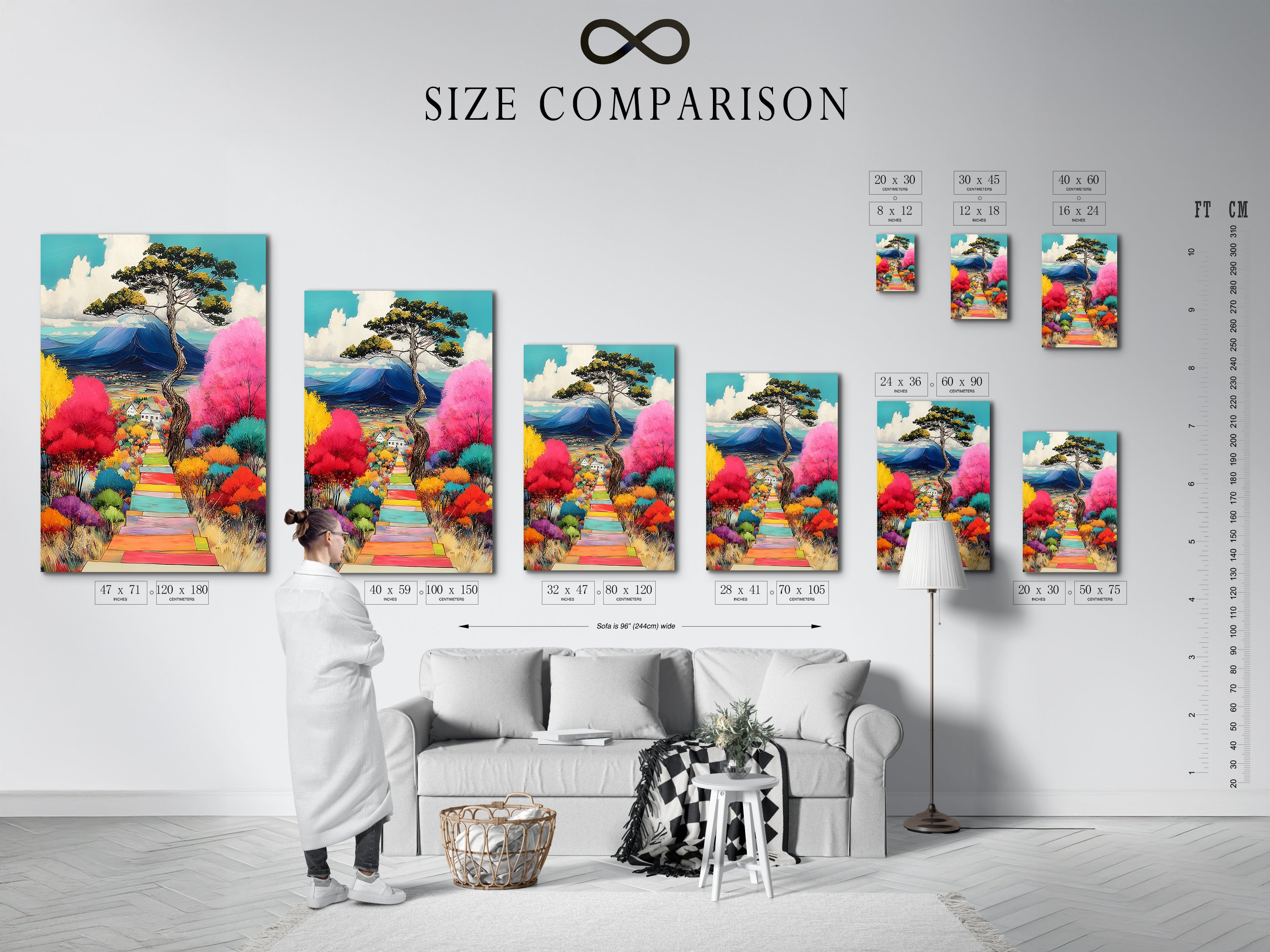 This size comparison chart shows the artwork in an interior setting. It helps visualize the scale of the colorful landscape canvas print. See how this mountain view and whimsical art can transform your living space.