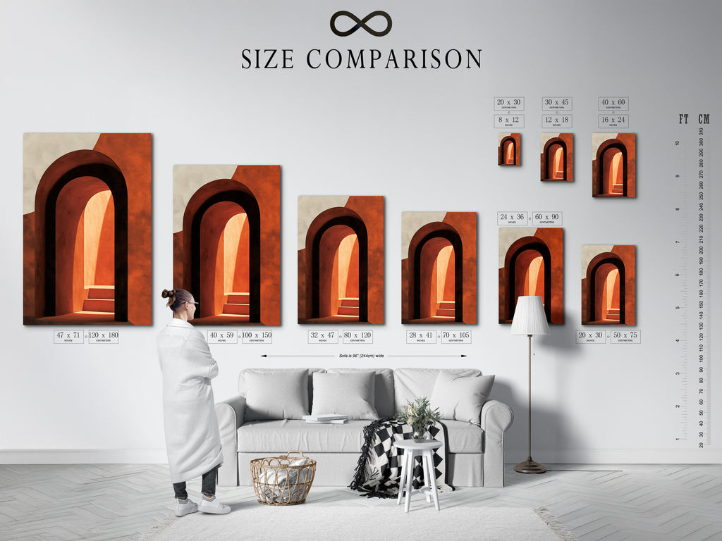 A size comparison chart displayed in a home interior. This chart helps visualize different print sizes. It ensures you choose the perfect dimensions for your space. Find the ideal size with our helpful guide.
