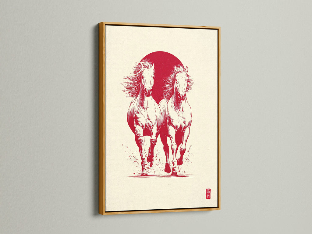 Artwork featuring two white horses running in front of a red sun. The art piece is displayed in a gold frame. The gold frame adds a touch of luxury and sophistication. It enhances the artwork's overall appeal.