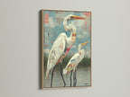 Showcasing heron artwork in an oak frame. This coastal wall art enhances any room. The bird canvas is a modern print. Perfect for coastal decor. The oak frame adds warmth.