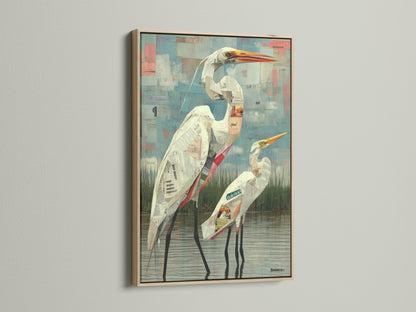 Showcasing heron artwork in an oak frame. This coastal wall art enhances any room. The bird canvas is a modern print. Perfect for coastal decor. The oak frame adds warmth.