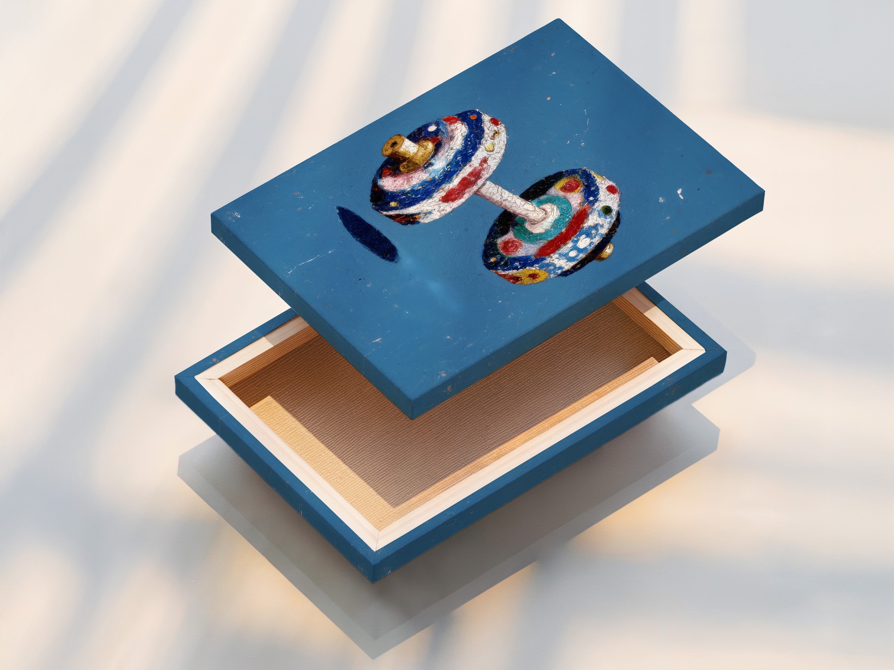 Stretched canvas print of a vintage dumbbell artwork. Colorful gym wall decor. Retro fitness art for home gym and office space. This sports art print is a unique piece of wall art. Ideal for home gyms.