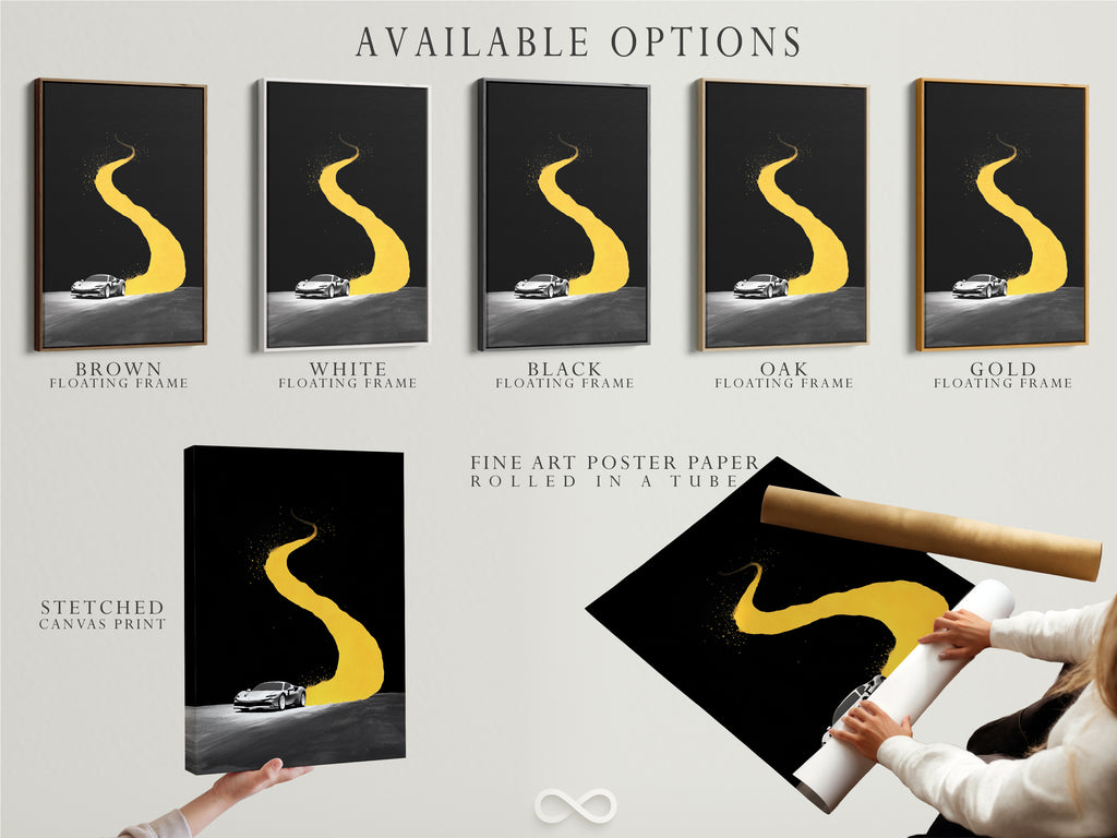 Explore available options for this sports car artwork. Choose from a stretched canvas print. Consider fine art poster paper. Or opt for a floating frame. The yellow road art suits any style or space.
