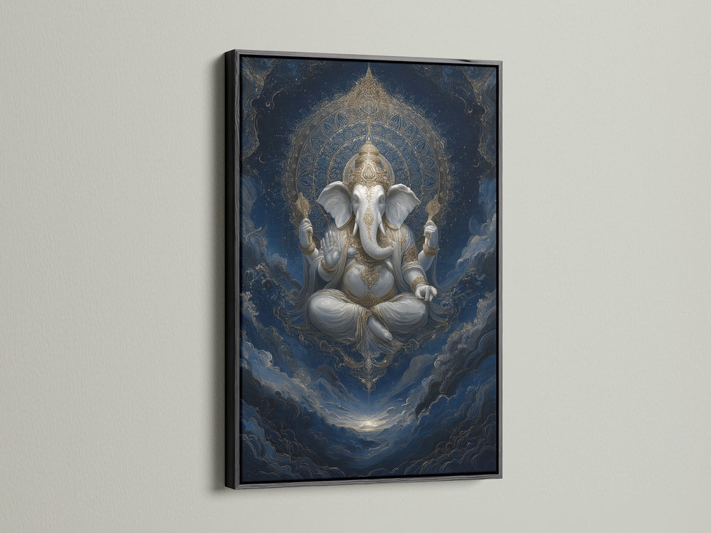 Ganesha Canvas Print in a black frame. This deity wall art is perfect for creating a meditation space. The religious art adds a touch of elegance to any room. This Hindu home decor is both eclectic and spiritual.