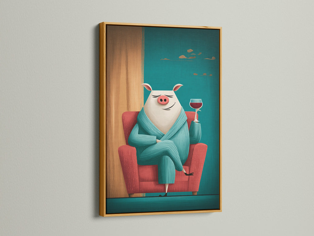 This gold frame elevates this pig art print to a new level. Funny animal wall art showcases a pig with wine. It is a stylish addition to kitchen wall decor. The gold frame adds a touch of luxury. This whimsical animal artwork is truly eye-catching. See this pig canvas art.