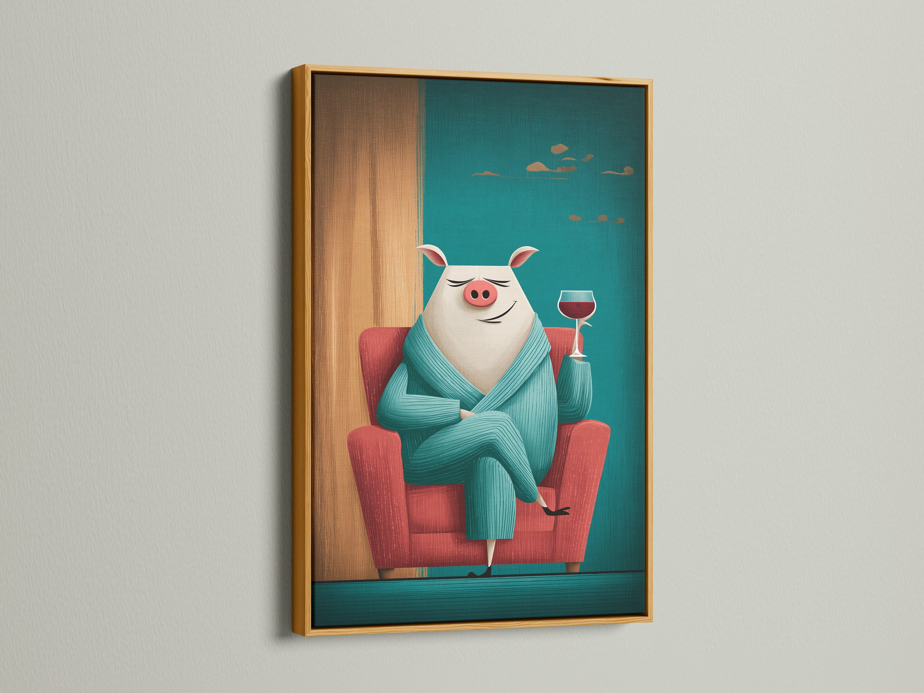 This gold frame elevates this pig art print to a new level. Funny animal wall art showcases a pig with wine. It is a stylish addition to kitchen wall decor. The gold frame adds a touch of luxury. This whimsical animal artwork is truly eye-catching. See this pig canvas art.