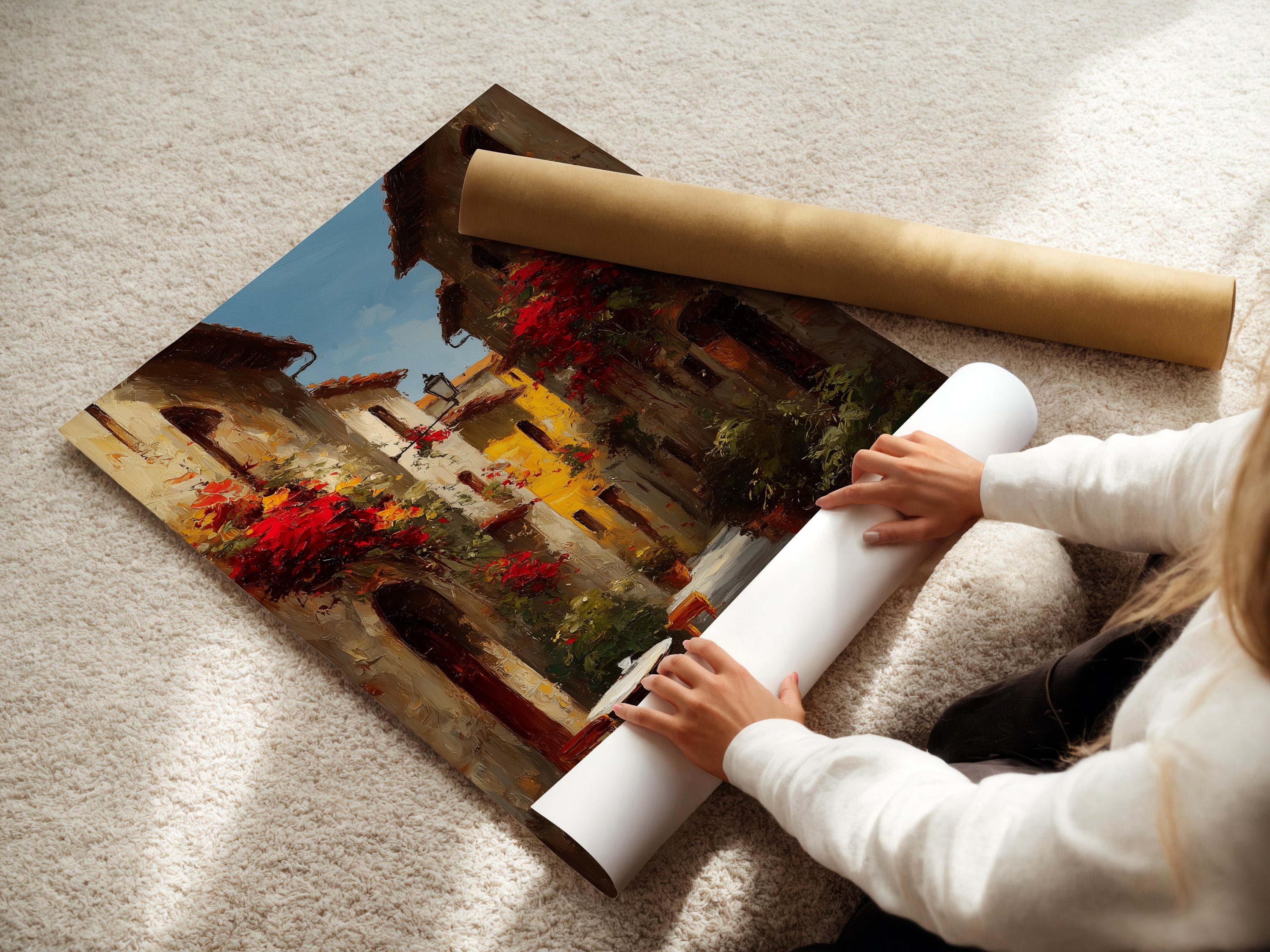 Woman rolling a fine art poster paper. The poster features a vibrant Italian street scene with red flowers. The fine art paper enhances the art's colors and details. The woman carefully handles the poster. This showcases the care in packaging the artwork.
