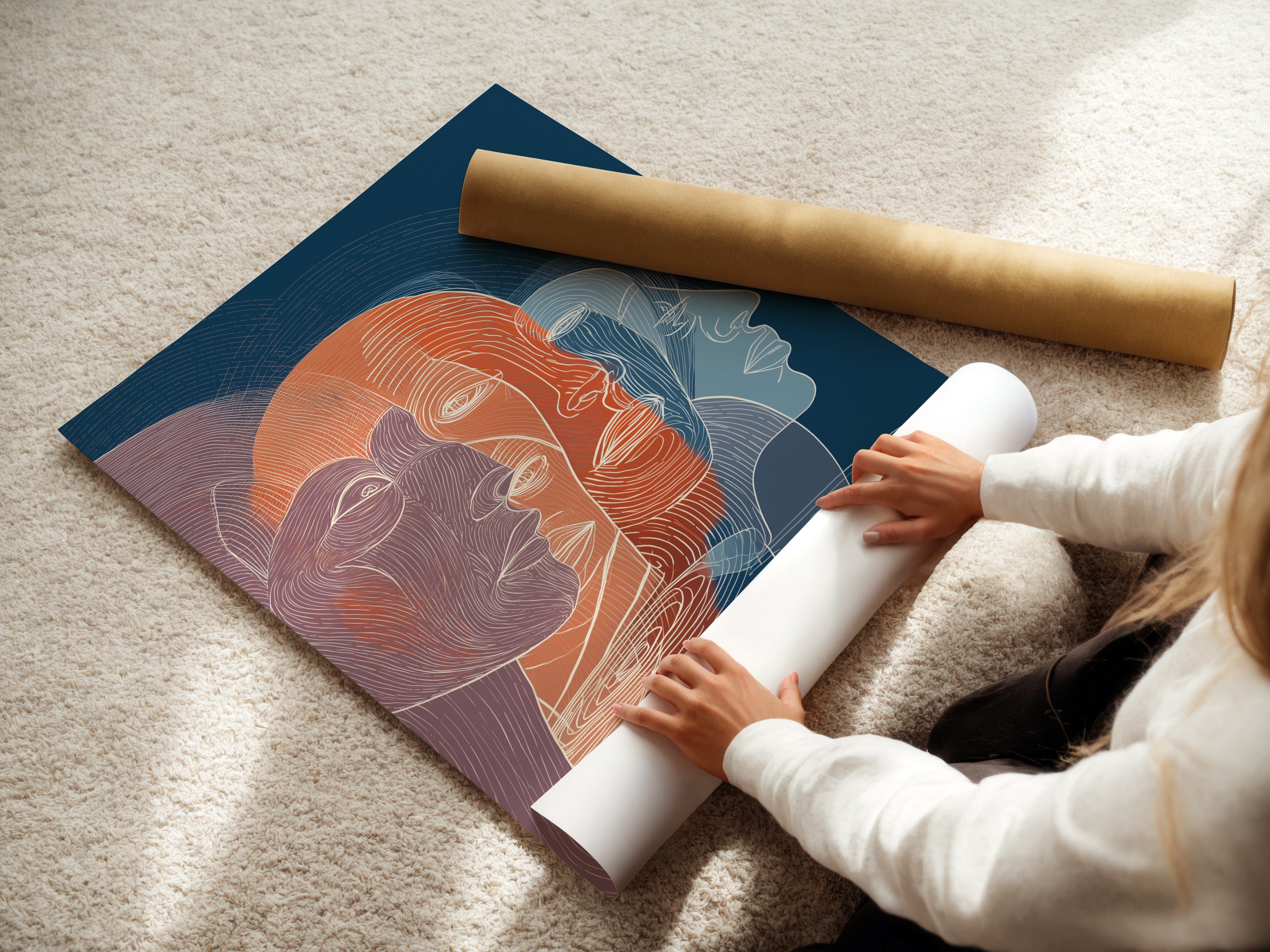 A woman is carefully rolling a fine art poster paper. The fine art poster paper ensures high-quality prints. It captures the details and colors of the artwork. This paper guarantees a professional finish.