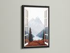 Mountain View Canvas Print in a black frame. The artwork features a stunning mountain view through an open window. Perfect for nature lovers. This landscape art adds a touch of elegance to any space. Use it in living rooms bedrooms or offices to create a calming nature-inspired setting for rustic and contemporary homes.