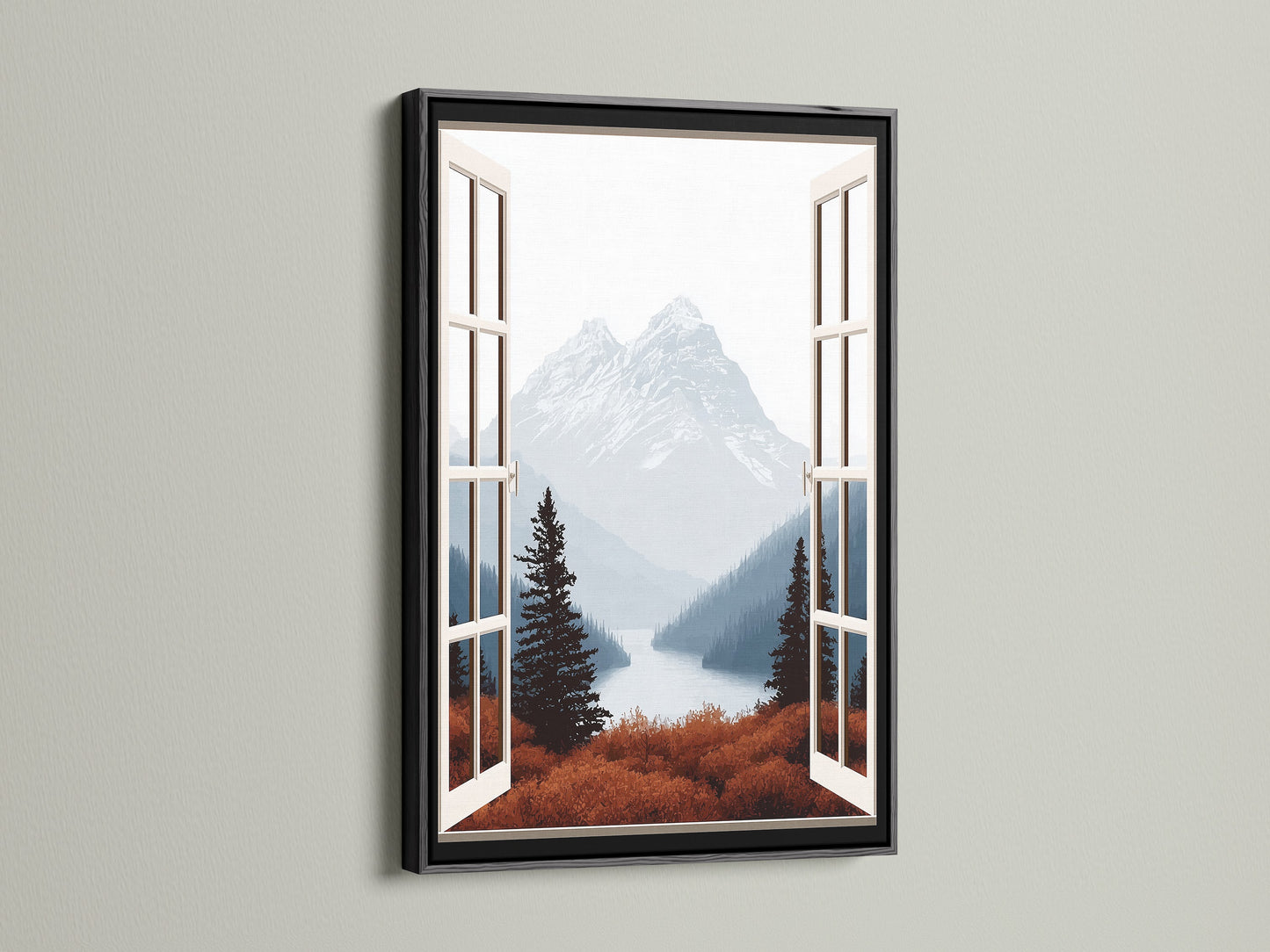 Mountain View Canvas Print in a black frame. The artwork features a stunning mountain view through an open window. Perfect for nature lovers. This landscape art adds a touch of elegance to any space. Use it in living rooms bedrooms or offices to create a calming nature-inspired setting for rustic and contemporary homes.