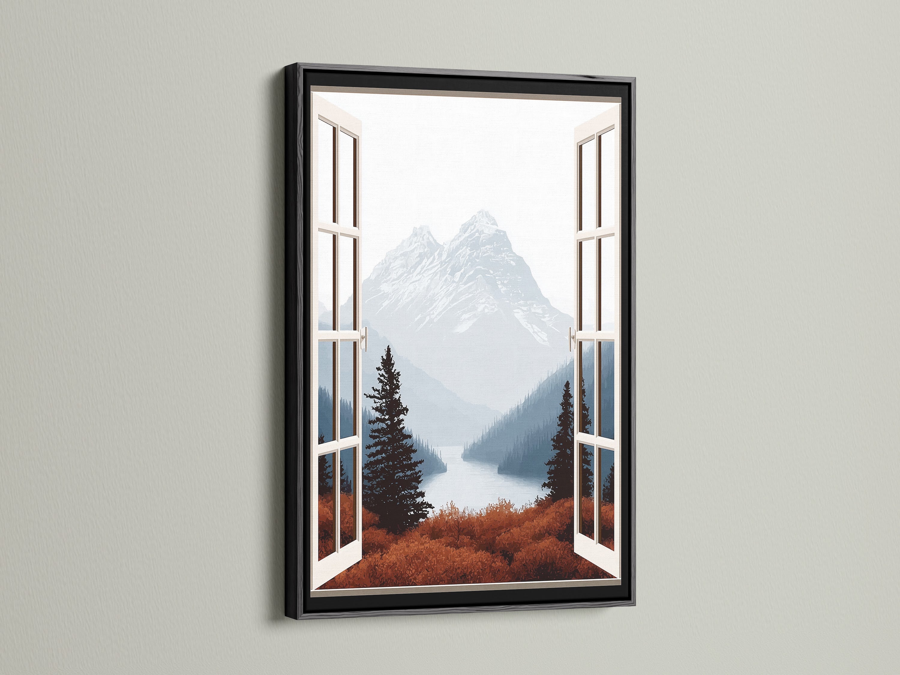 Mountain View Canvas Print in a black frame. The artwork features a stunning mountain view through an open window. Perfect for nature lovers. This landscape art adds a touch of elegance to any space. Use it in living rooms bedrooms or offices to create a calming nature-inspired setting for rustic and contemporary homes.