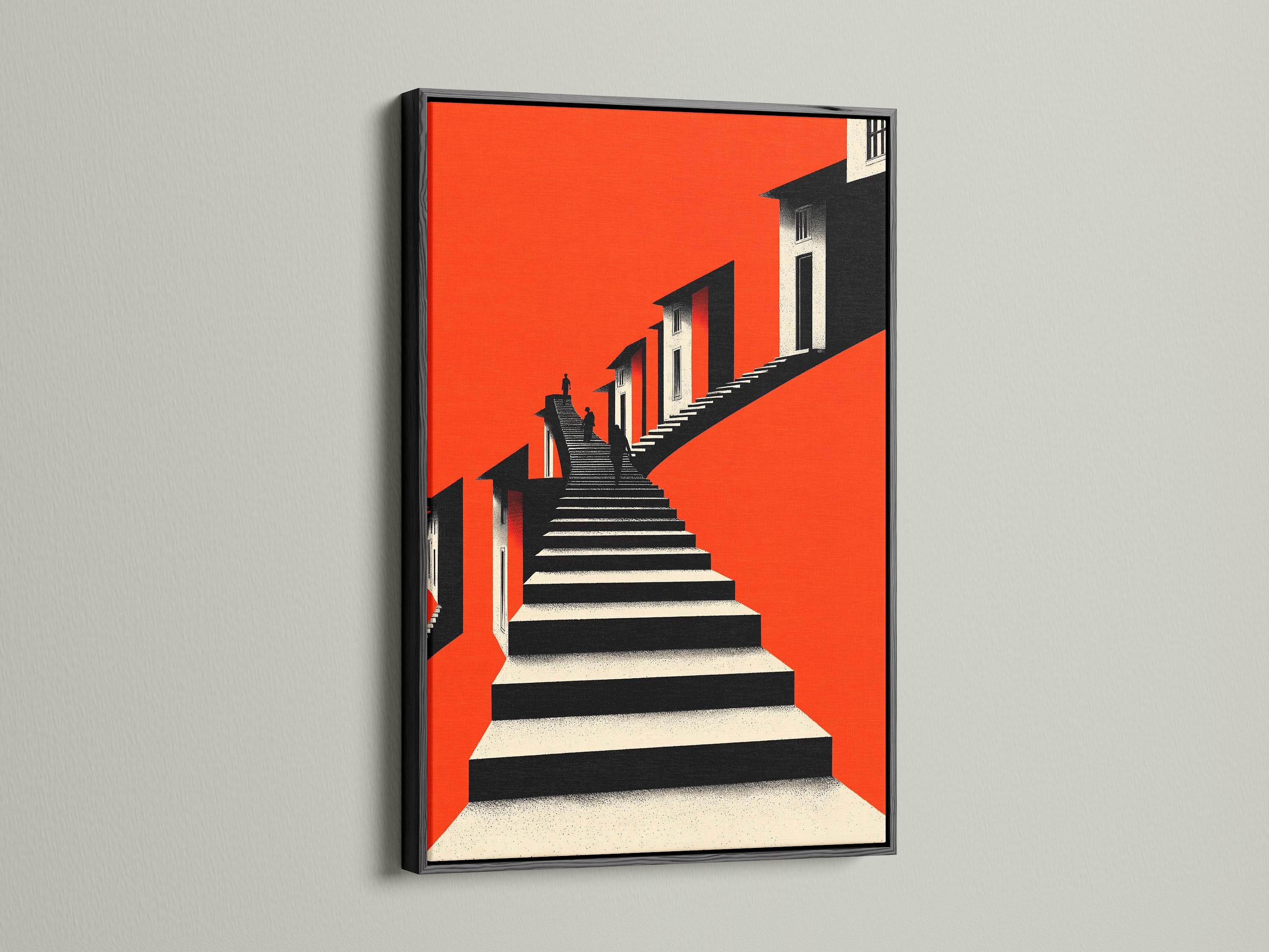 Architectural Stairs Print showcased in a sleek black frame. This bold orange modern wall art makes a statement. Geometric building canvas complements industrial-style interiors. Perfect for office wall art and contemporary canvas decor. Elevate your space with this striking architectural art print.