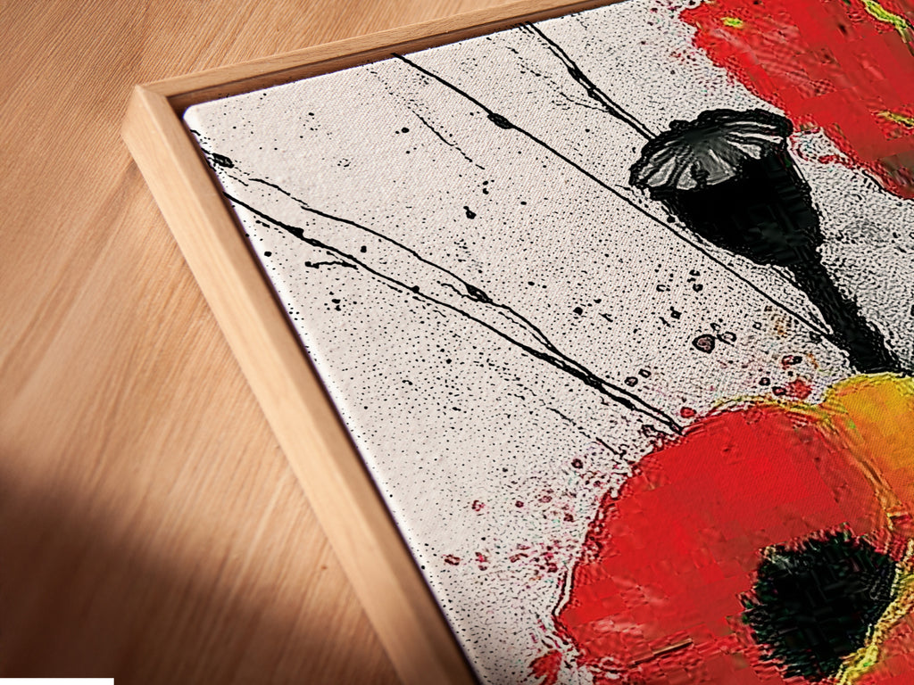 A close-up of a canvas print in a floating frame. The Abstract Poppy artwork showcases red and white flowers. This modern floral artwork is perfect for any room. It adds a contemporary touch to your living space. The floating frame enhances the artwork's visual appeal.