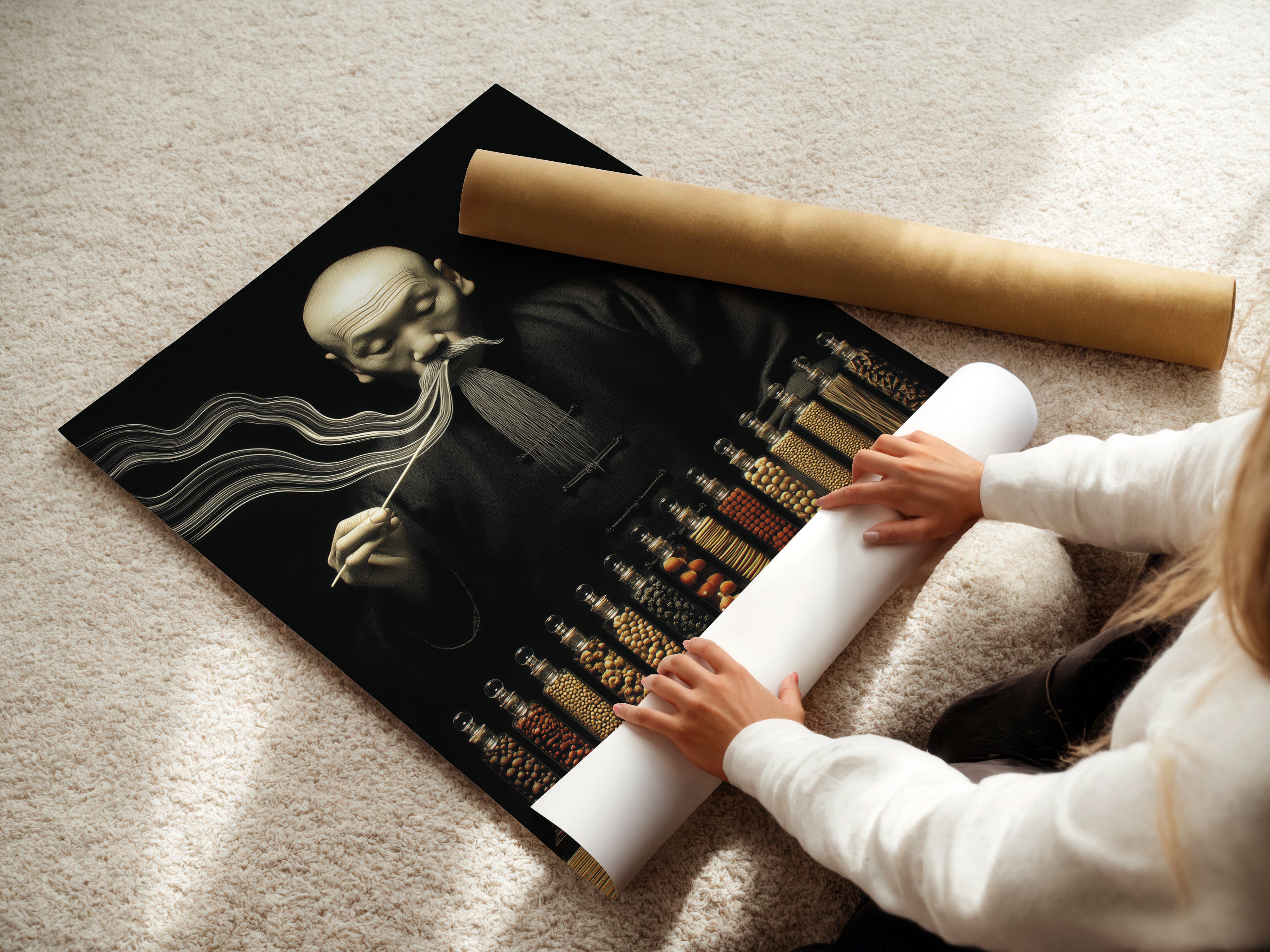 A woman is carefully rolling a fine art poster paper. Ensuring the quality and preservation of the artwork. This meticulous process guarantees a flawless print. Perfect for vintage Asian art and herbalist decor. The fine art poster paper enhances the details. A testament to quality craftsmanship.