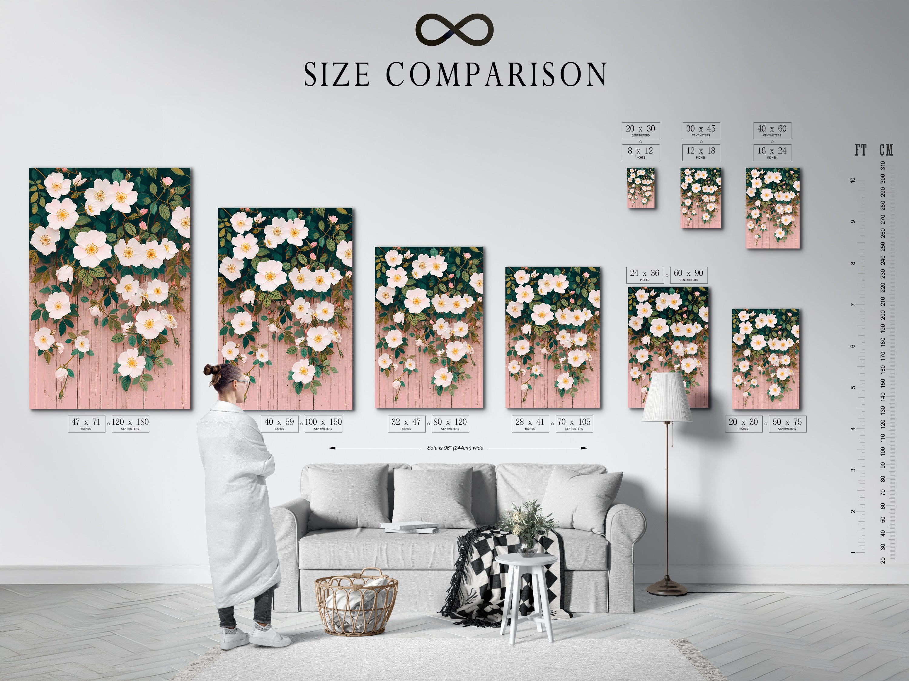 A size comparison chart is displayed in an interior setting. The chart shows the different sizes available for the floral artwork. Choose the perfect size for your space. The artwork features white flowers and botanical details. Enhance your home decor with floral beauty.