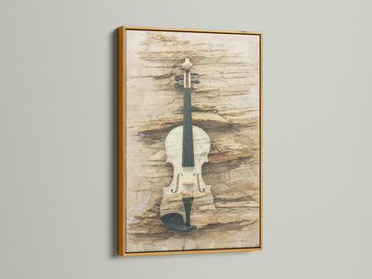 A gold frame adds elegance to this vintage violin art print. The neutral tones and stringed instrument create sophistication. Perfect for music wall art or a musician gift. Elevate your space with this piece.