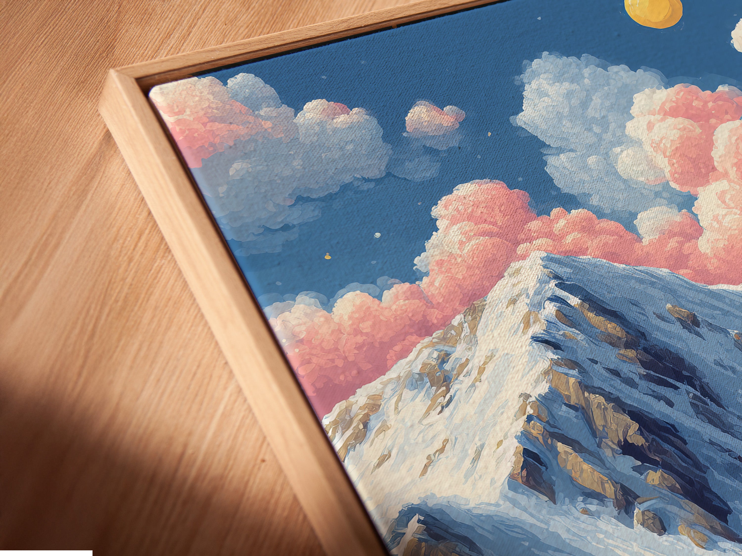 Angled close up of a canvas print in a floating frame. The mountain ski slopes artwork is a stunning piece. The winter alps landscape poster enhances any room. Perfect for chalet wall art or cabin wall decor. Add a touch of winter to your home.