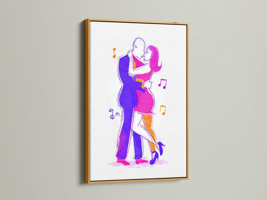 The artwork features a gold frame. The dancing couple art is beautifully displayed. Abstract figures are presented in modern line art style. This piece is excellent for home wall decor. It's a unique gift for dancers or music lovers.