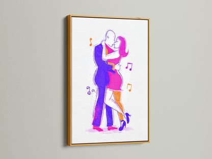 The artwork features a gold frame. The dancing couple art is beautifully displayed. Abstract figures are presented in modern line art style. This piece is excellent for home wall decor. It's a unique gift for dancers or music lovers.