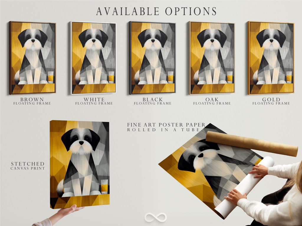 Available options include stretched canvas print fine art poster paper and floating frame. Choose the perfect presentation for your geometric dog portrait. Each option enhances the abstract animal artwork. They cater to different styles and preferences. Customize your pet home decor with these versatile choices.