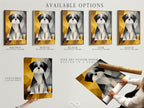 Available options include stretched canvas print fine art poster paper and floating frame. Choose the perfect presentation for your geometric dog portrait. Each option enhances the abstract animal artwork. They cater to different styles and preferences. Customize your pet home decor with these versatile choices.