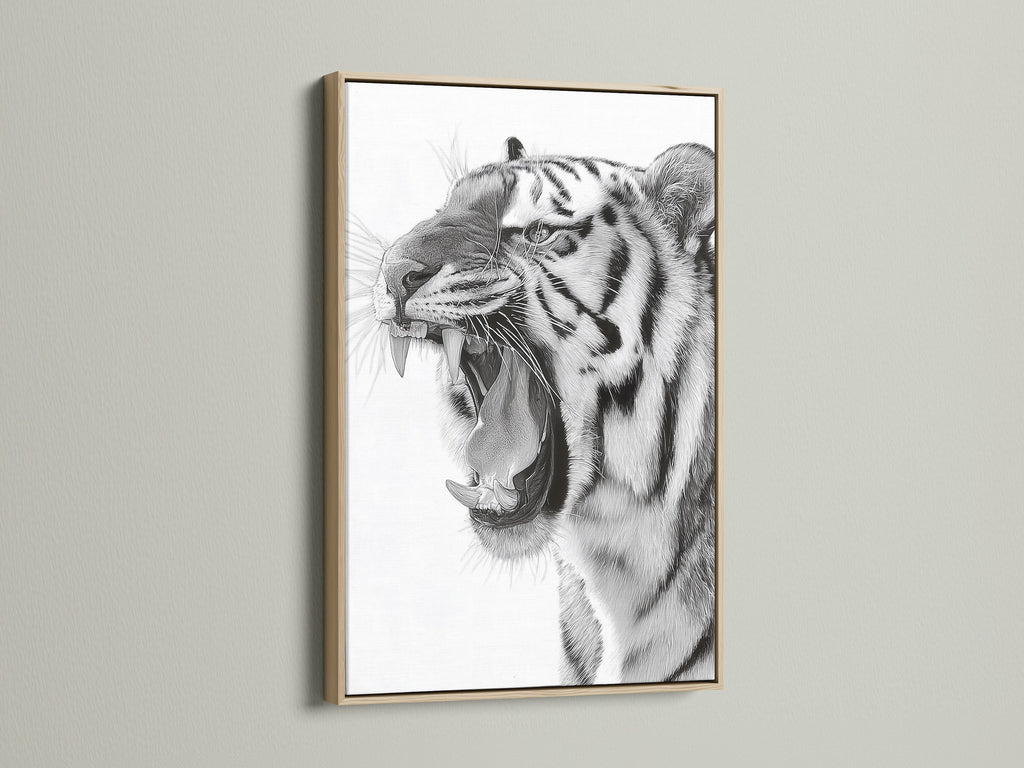 An oak frame showcases a striking tiger artwork. The natural wood grain of the oak complements the art. Its neutral tone ensures it will suit many interior styles. Perfect for adding a touch of nature-inspired elegance to your walls.